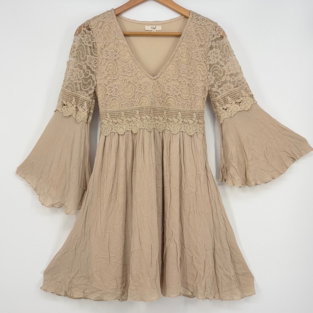 Easel Mini Dress Womens Small Tan Lace Bell Sleeve Boho Baby Doll Fairy Party